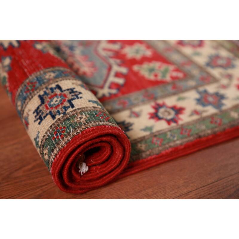 Red Geometric Kazak Oriental Foyer Rug Handmade Wool Carpet - 2'0"x 3'0"