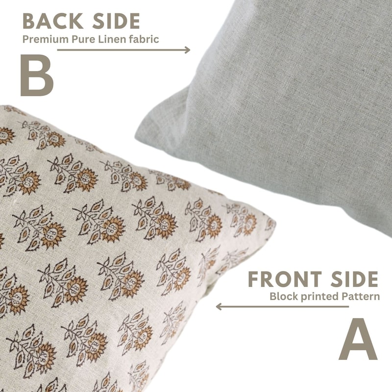 Fabdivine 12x20 Handmade Pure Linen Cushion Cover Floral Mustard Ideal for Sofa, Floral Block Print, Accent Décor, Bagru Buti