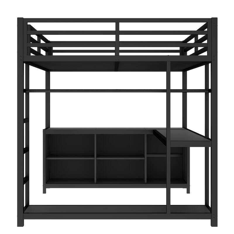 Roomfitters Queen Size Metal Loft Bed with Wardrobe & L-Shaped Desk, Storage Cubes & Shelves, Space-Saving Frame, Black
