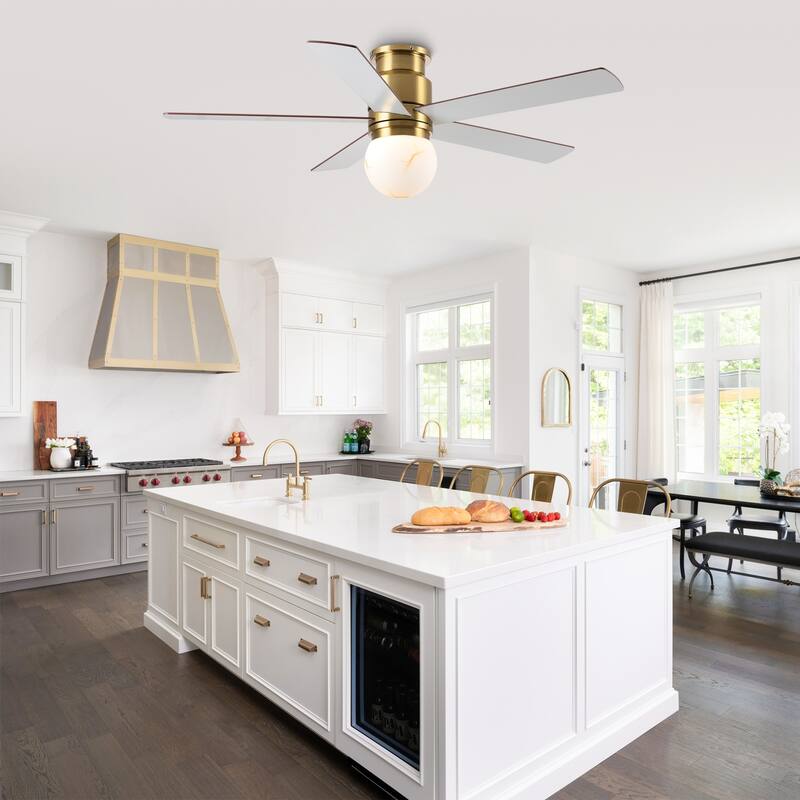 52" Modern Globe Frosted Glass Gold Flush Mount Ceiling Fan with Light and Remote