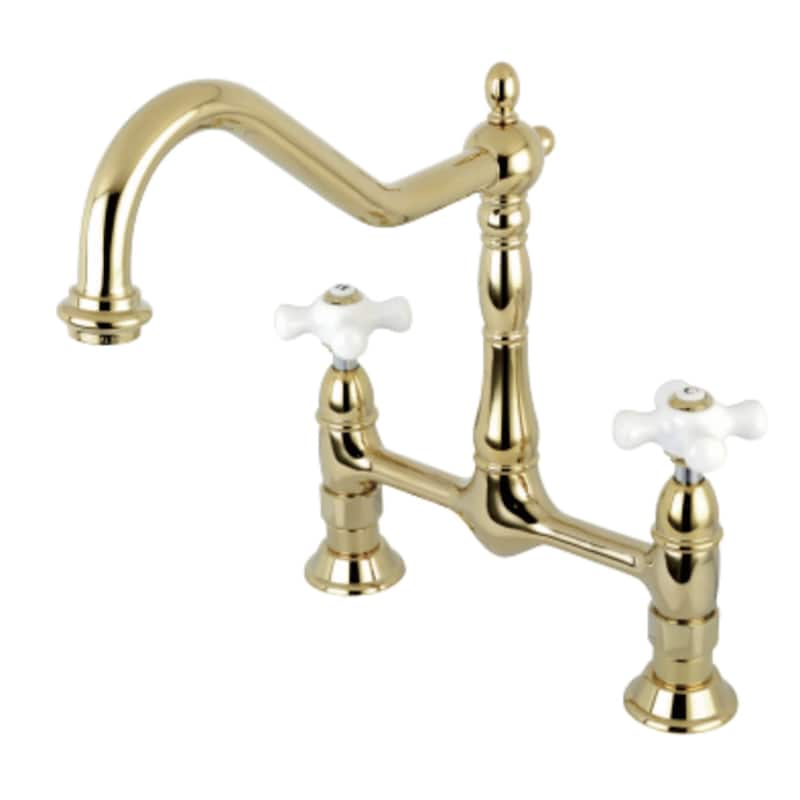 Kingston Brass Heritage Bridge Kitchen Faucet with Porcelain Cross - Polished Brass