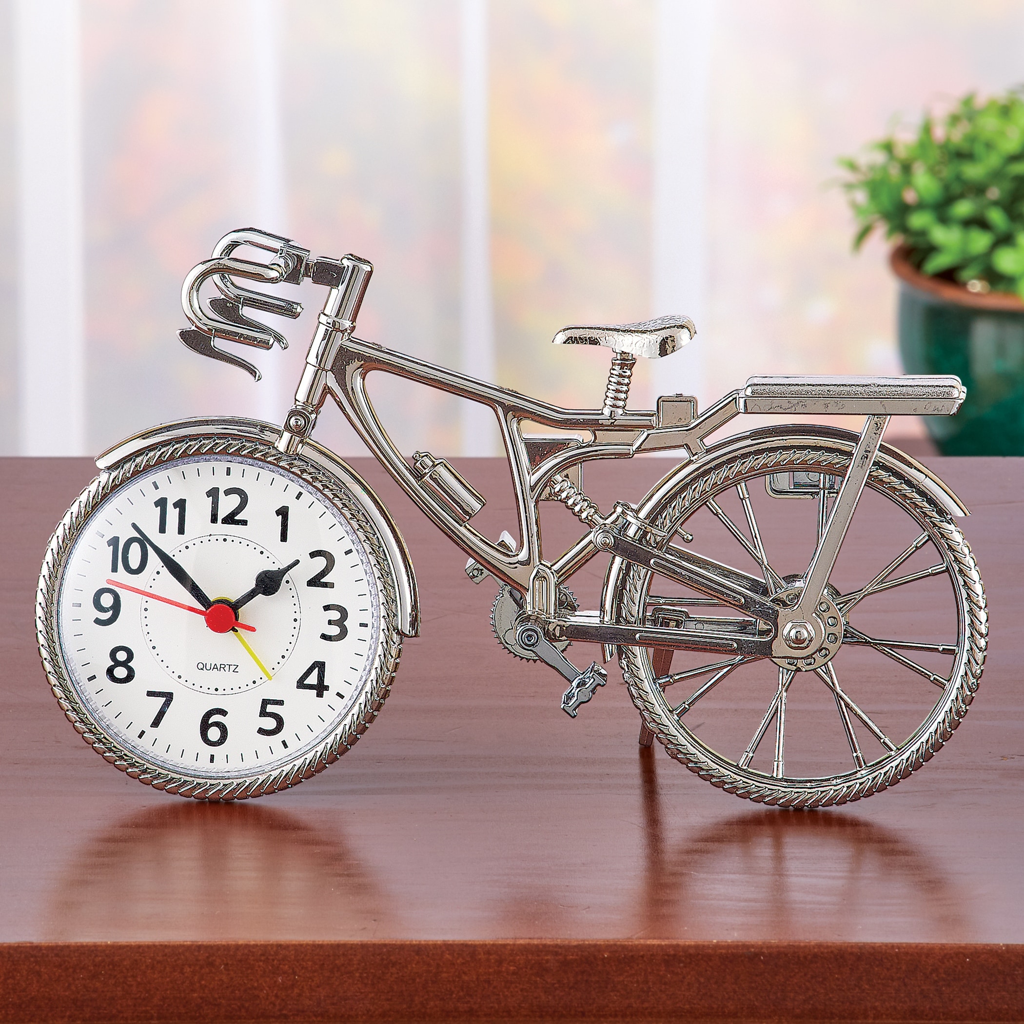 Silver-Toned Chrome Finish Tabletop Bicycle Clock - 8.800 x 5.100 x 1.900