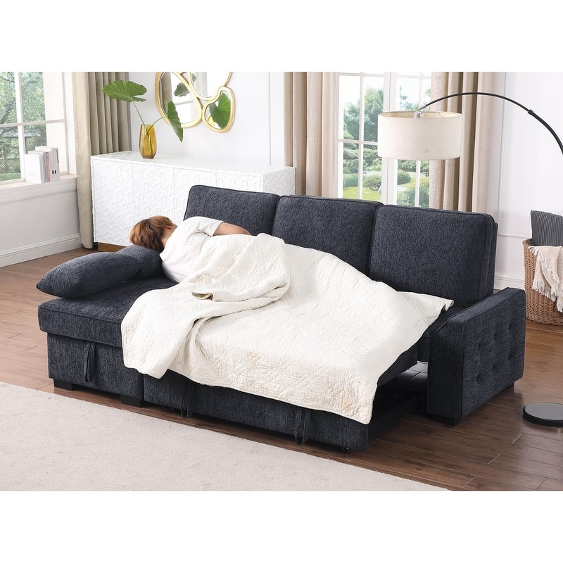 Mackenzie 91"W Chenille Fabric Reversible Sleeper Sectional with Storage Chaise, Drop-Down Table, Cup Holders & Charging Ports