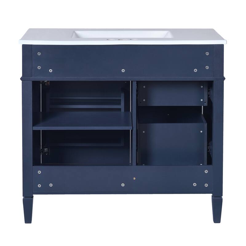 Modern Single Sink Bathroom Vanity Cabinet with Door Rack, Tip-out Drawer, 2 Pull-out Drawers, Metal Knobs and Adjustable Shelf