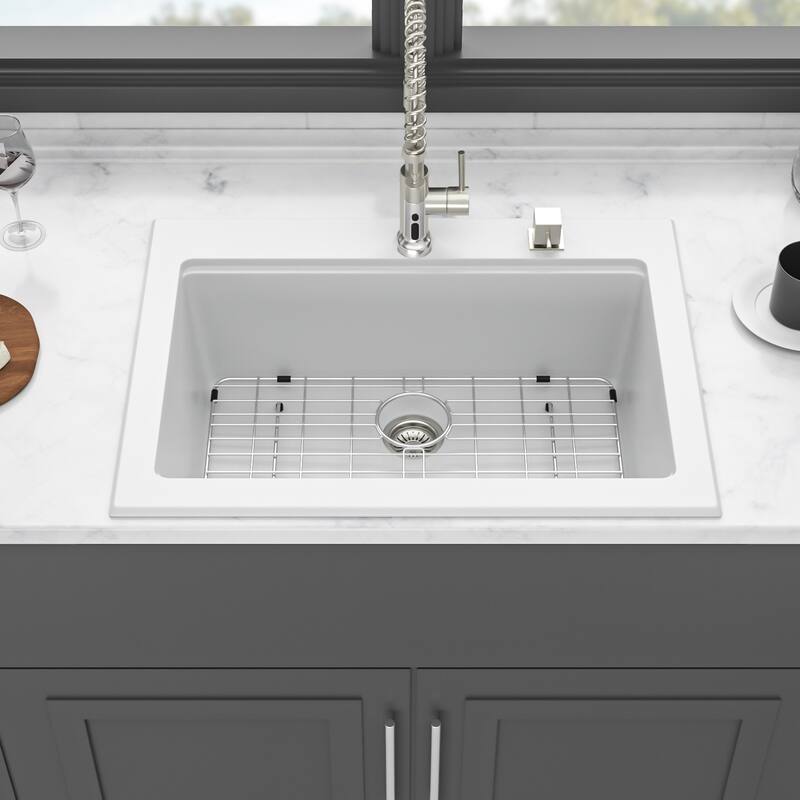 30" Drop-In Single Bowl Quartz Kitchen Sink with Pull-Out Faucet in White - 30'' x 22'' x 10'' - White - 30'' x 22'' x 10''