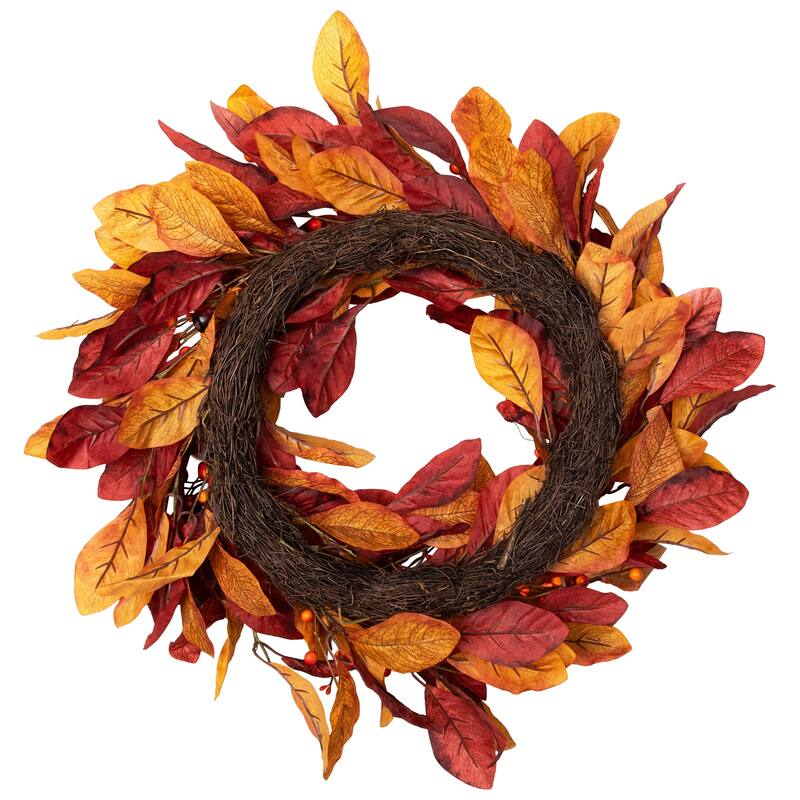 Berries with Leaves Artificial Fall Harvest Twig Wreath, 24", Unlit