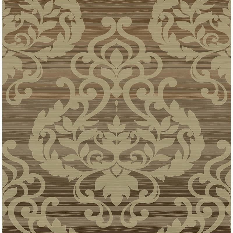 Seabrook Designs Juniper Lined Damask Unpasted Wallpaper - 20.5 in W x 33 ft. L - Metallic Taupe & Coffee