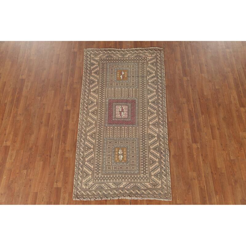 Geometric Balouch Persian Vintage Area Rug Handmade Wool Carpet - 3'8" x 7'1"