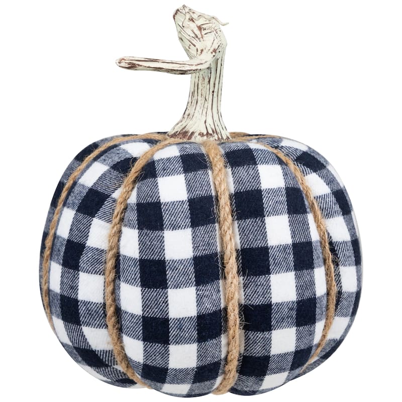 Buffalo Plaid Fall Harvest Pumpkin with Weathered Stem - 7.75" - Blue