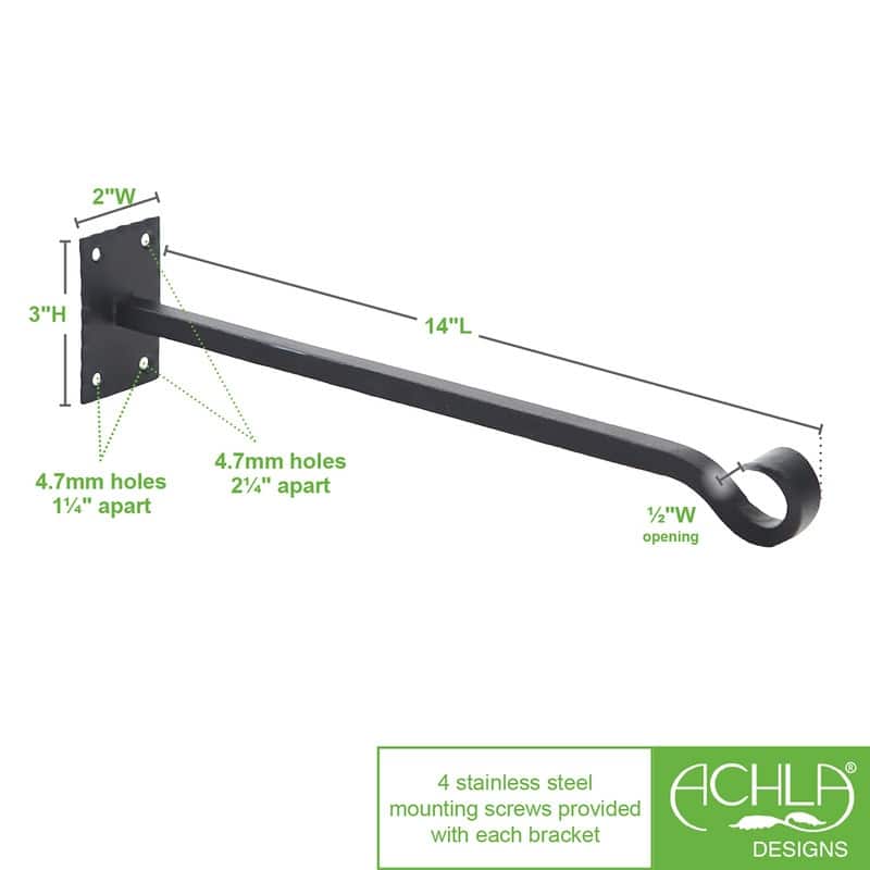 Achla Designs Set of 2 Lodge Straight Brackets w/Multiple Hooks, 14 Inch Long, Black Powder Coat Finish