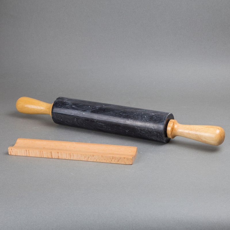 Creative Home Black Marble 18" Length Rolling Pin w/Deluxe Wood Handles and Cradle