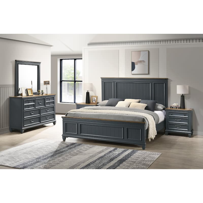 Roundhill Furniture Clelane Wood Bedroom Set with Bed, Dresser, Mirror, and Two Nightstands