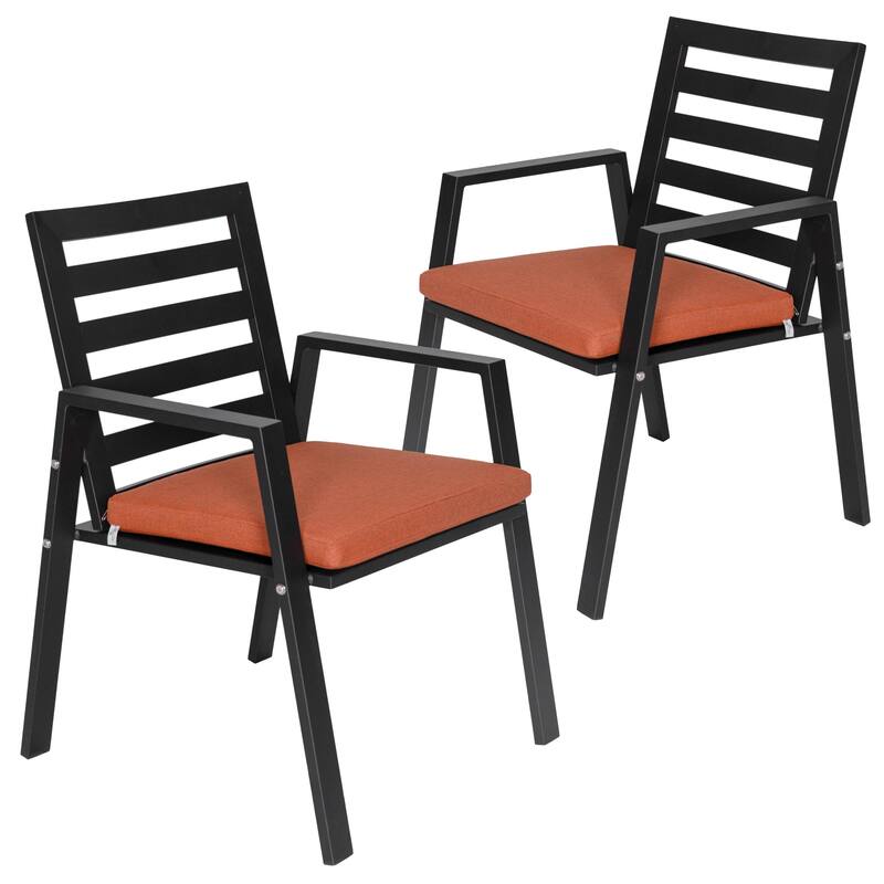 LeisureMod Chelsea Set of 2 Patio Dining Armchair in Aluminum with Cushions for Porch Backyard Pool Garden - 34.84 - Orange