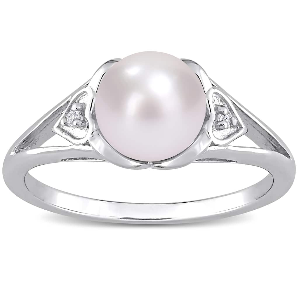 Miadora Sterling Silver Cultured FW Pearl & Diamond Accent Solitaire Split Shank Ring (7-7.5mm)