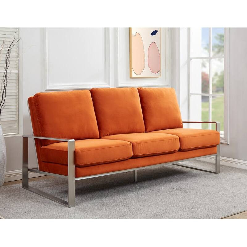 Jefferson Velvet Upholstered 3 Seater Sofa with Silver Metal Frame with Removable Cushion for Living Room, Bedroom, Office