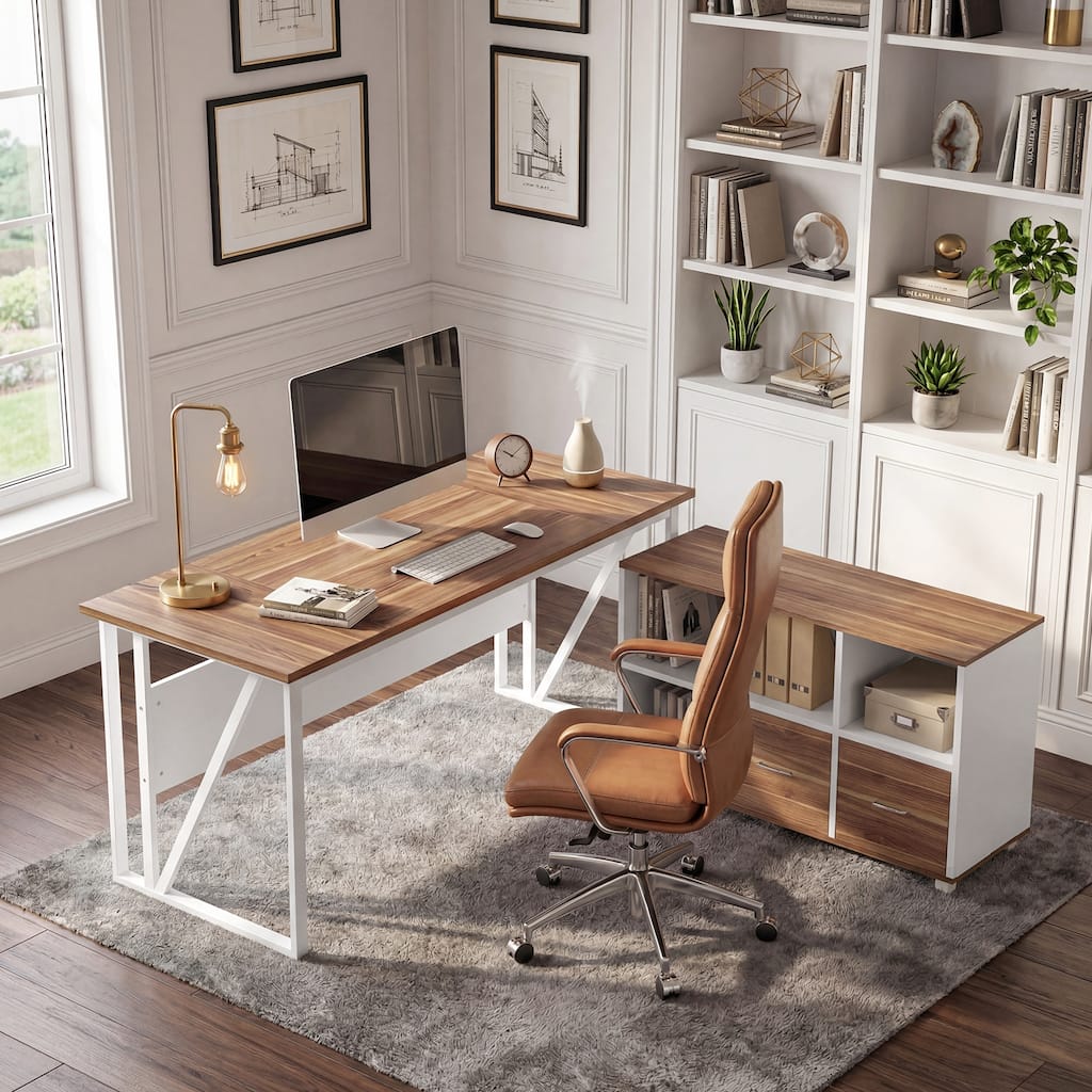63-Inch L-Shaped Computer Desk with 47" Mobile File Cabinet, Large Executive Office Desk with Drawers & Shelves