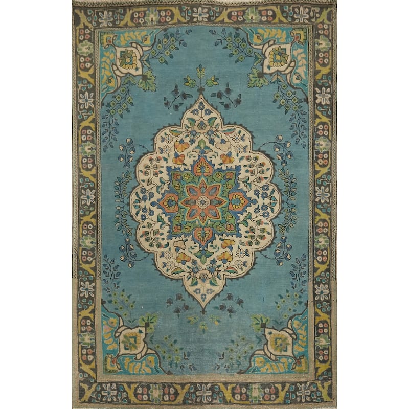 Hand Knotted Oriental 100% Wool Carpet Traditional Floral Navy Blue & Blues Tabriz Area Rug - 6' 4'' X 4' 9''