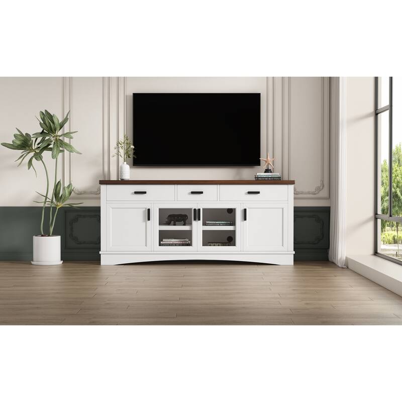 TV Console, 67" Width TV Stand, Glass Doors & Storage Drawers, Adjustable Shelves