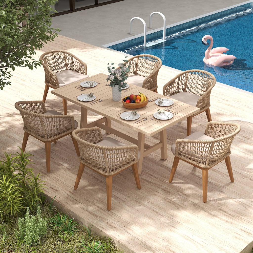 Outdoor 7-Piece Woven Rope Dining Chair and Wood Table Set