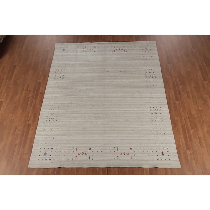 Hand Knotted Oriental 100% Wool Carpet Tribal Animal Pictorial Beige & Ivories Gabbeh Area Rug - 9' 11'' X 8' 1''