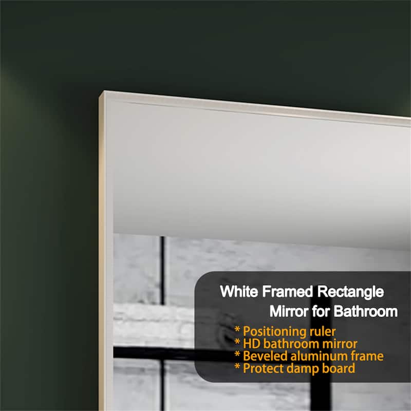 Glossy White Rectangular Wall-Mounted Beveled Bathroom Mirror