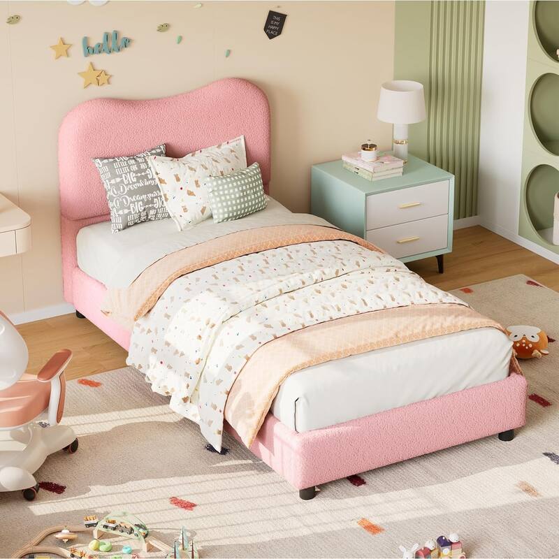 Kids Upholstered Platform Bed, Soft Boucle Fabric with Low Profile Frame & Wood Slats, Boys/Girls Bedroom