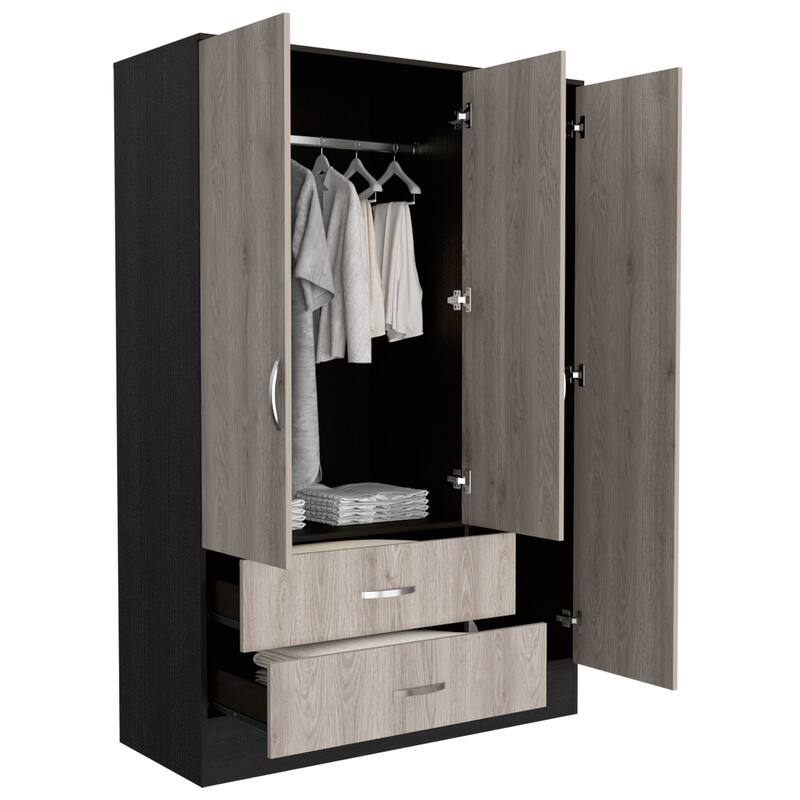 47.2" Modern Mirrored Armoire with Hanging Rod, Five Interior Shelves and Two Drawers