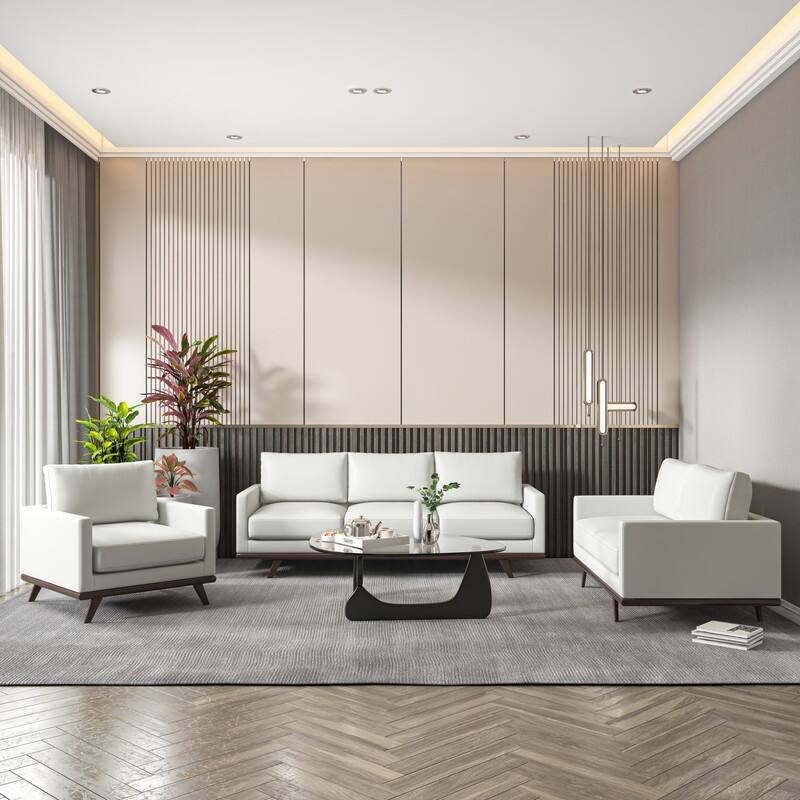 Chester Modern 3-Piece Leather Upholstered Sofa Set with Solid Wood Base and Removable Cushion for Living Room