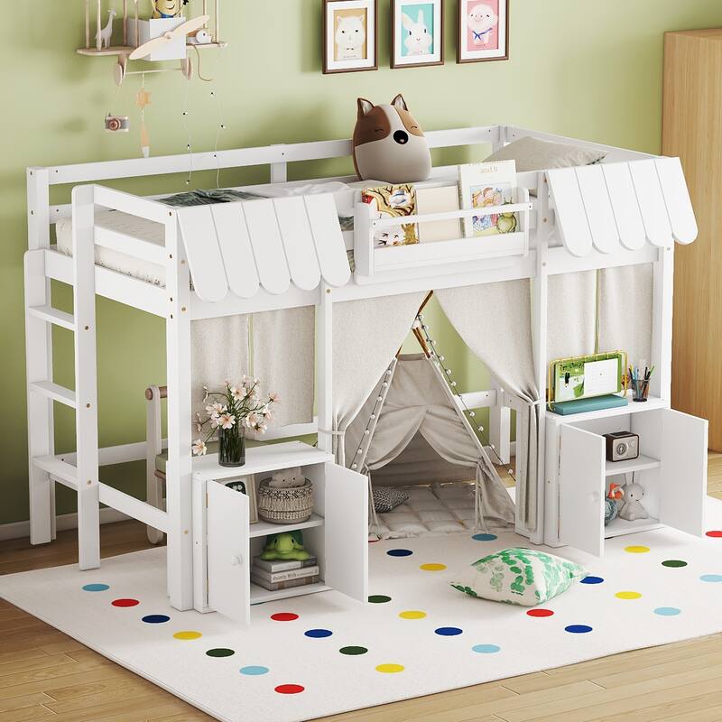 Twin Loft Bed with Built-in Bookshelf, Curtain, and Storage Shelf Amusement Park-Inspired Playful, White