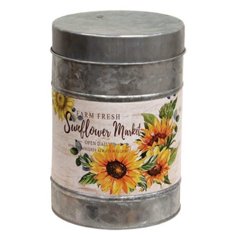 7-Inch Decorative Metal Canister with Farm Fresh Sunflower Design and Galvanized Finish Lid - 7" H x 4.75" Dia