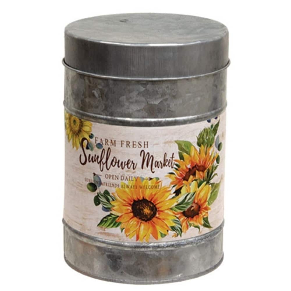 7-Inch Decorative Metal Canister with Farm Fresh Sunflower Design and Galvanized Finish Lid - 7" H x 4.75" Dia