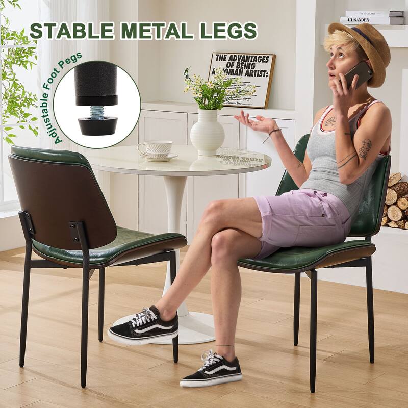 Mid-Century Dining Chairs Set of 2 - PU Leather Upholstered, Retro Walnut Bentwood Design with Adjustable Metal Legs, Green
