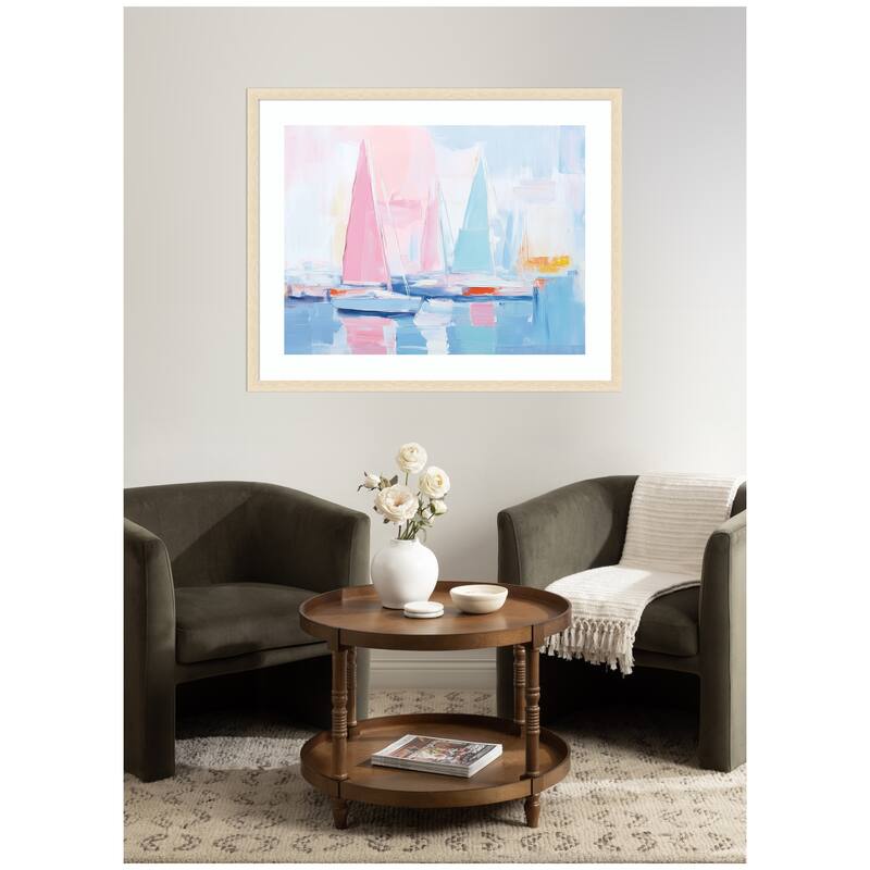 Kate and Laurel Framed Art Abstract Sailboat Harbor Landscape by The Creative Bunch Studio