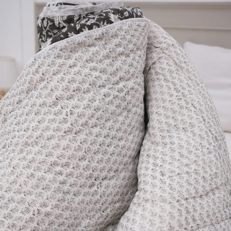 Fabdivine Handmade Block Print Reversible Black Quilt Floral Soft or Breathable Fabric