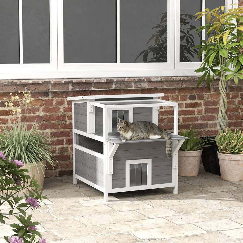 PawHut 2-Story Outdoor Cat House with Balcony, Weatherproof Feral Cat Shelter with Openable Top, Escape Door