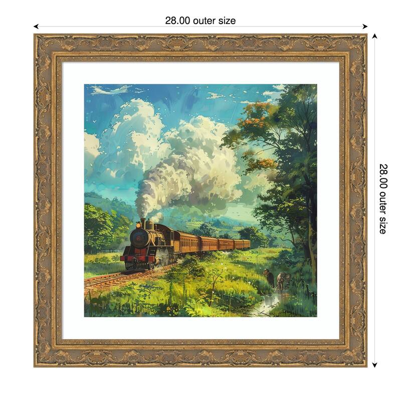 Train Steam Engine by Tradelink inhouse artist Wood Framed Wall Art Print - 28 x 28 in - Gold