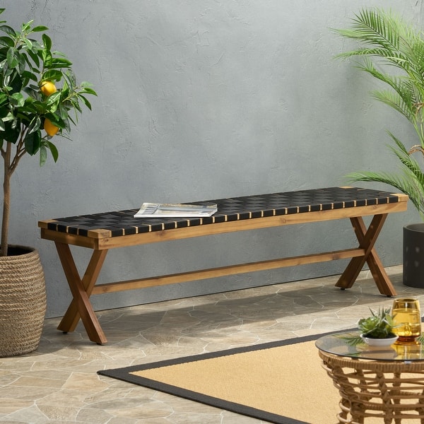 slide 2 of 10, Roomfitters Outdoor Bench with Handcrafted Rope Weave Seat, X-Cross Frame Design, Durable and Stylish Seating, Black Woven Teak