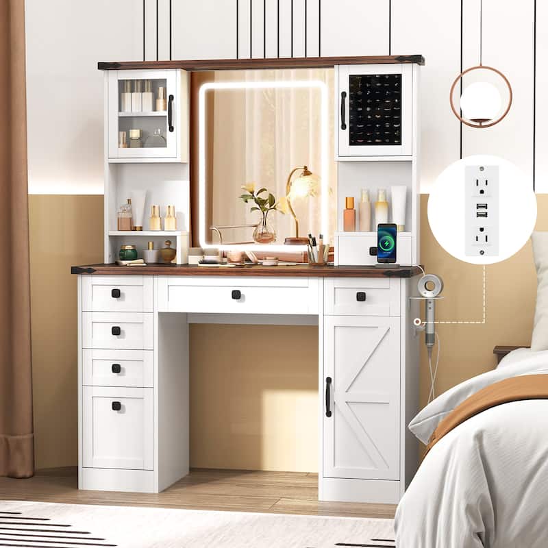 Gymax Farmhouse Vanity Desk w/ Lighted Mirror Makeup Vanity Table w/ 3