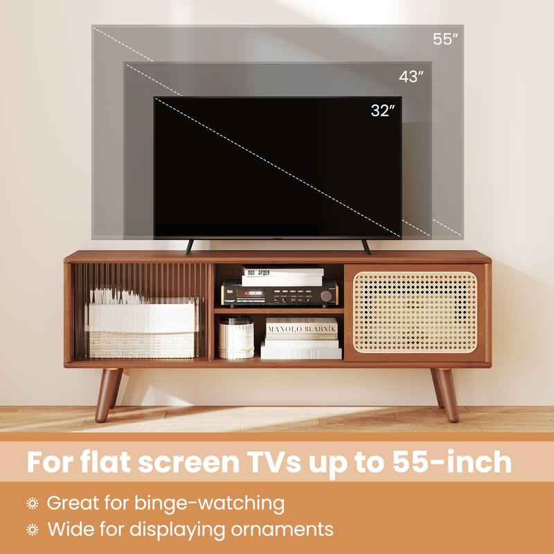 Modern TV Stand with Rattan and Glass Doors for Living Room Storage