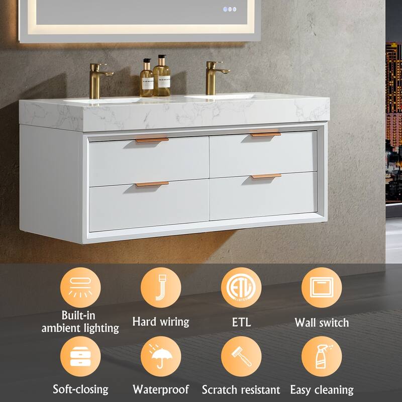 36/48/60 Modern Floating Bathroom Vanity with Sinle/Double Sink & Soft-Close Drawers & LED Lighting & Waterproof, White
