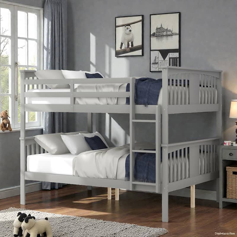 Full Over Full Bunk Bed with Ladder, Solid Wood Convertible Bunk Bed Frame for Bedroom or Guest Room - Grey - Full