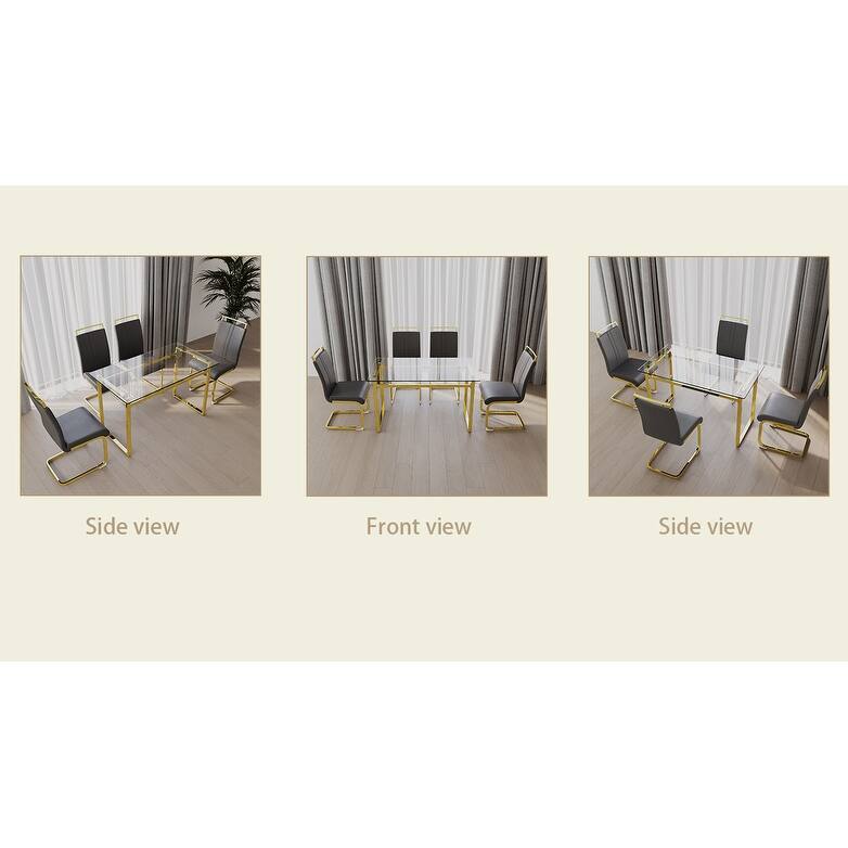 5-Piece Glass Dining Table Set with Gold Metal Legs and 4 PU Upholstered Chairs