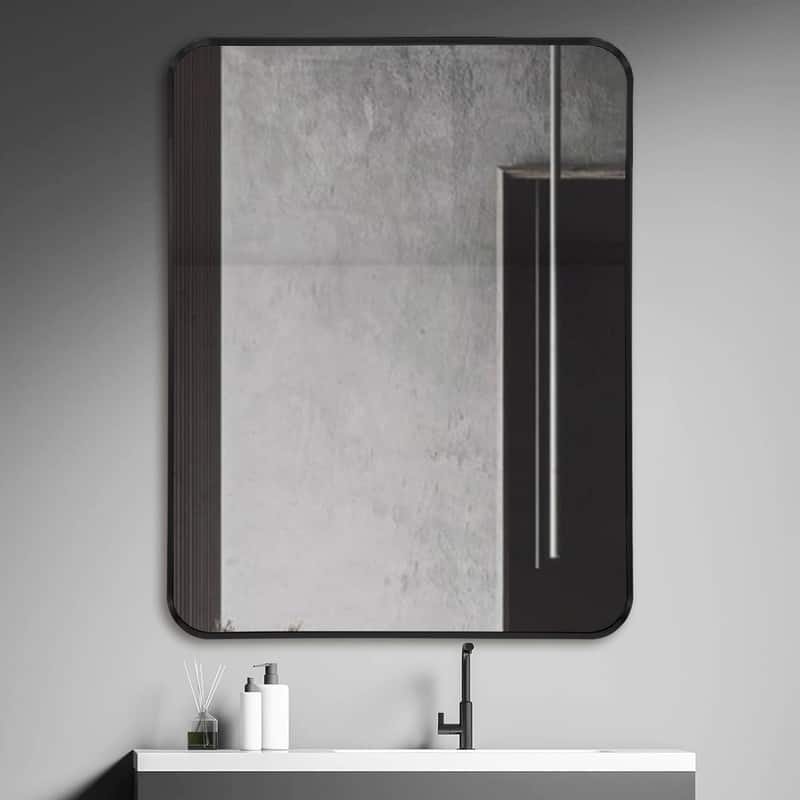 Geneva 23.6 in. x 31.5 Rounded Rectangular Black Framed Bathroom Vanity Wall Mirror - 23.6" x 31.5"