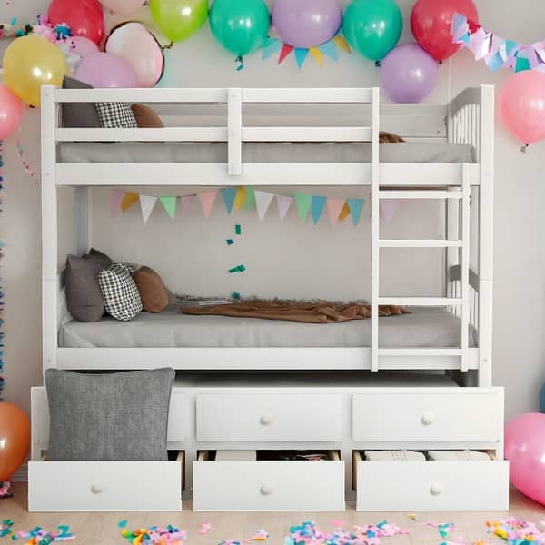slide 2 of 9, Twin over Twin Bunk Bed With Ladder And Safety Rail,Trundle with 3 Drawers White