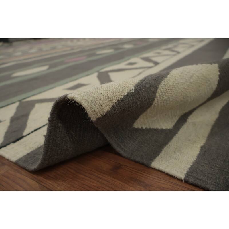 Hand Woven Oriental 100% Wool Carpet Southwestern Tribal Greys & Charcoal Kilim Area Rug - 18' 3'' X 11' 10''