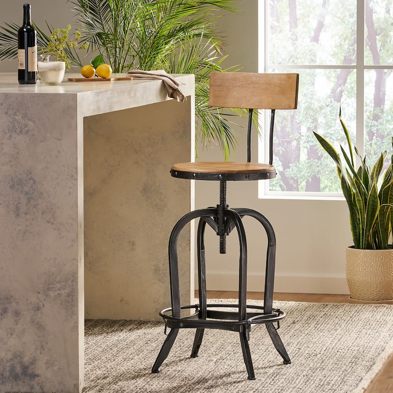 Roomfitters Industrial Adjustable Bar Stool with Wood Seat and Backrest, Swivel Metal Frame with Footrest, Natural Black
