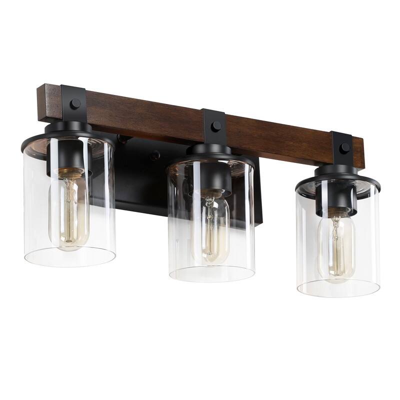 Vanity Light, Industrial Bathroom Wall Sconce with Glass Shades and Wood Accent, Modern Farmhouse Lighting Fixture (No Bulbs)