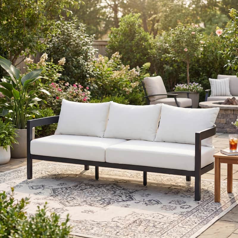 Christopher Knight Home - Modern 75.8" Outdoor Curved Patio 3-Seater Sofa with Aluminum Frame & Water-Resistant Cushions - Black Frame+White Cushion