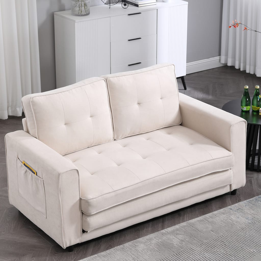 Folding Sofa Bed with Two Storage Pockets, Linen Convertible Foldable Couch Bed