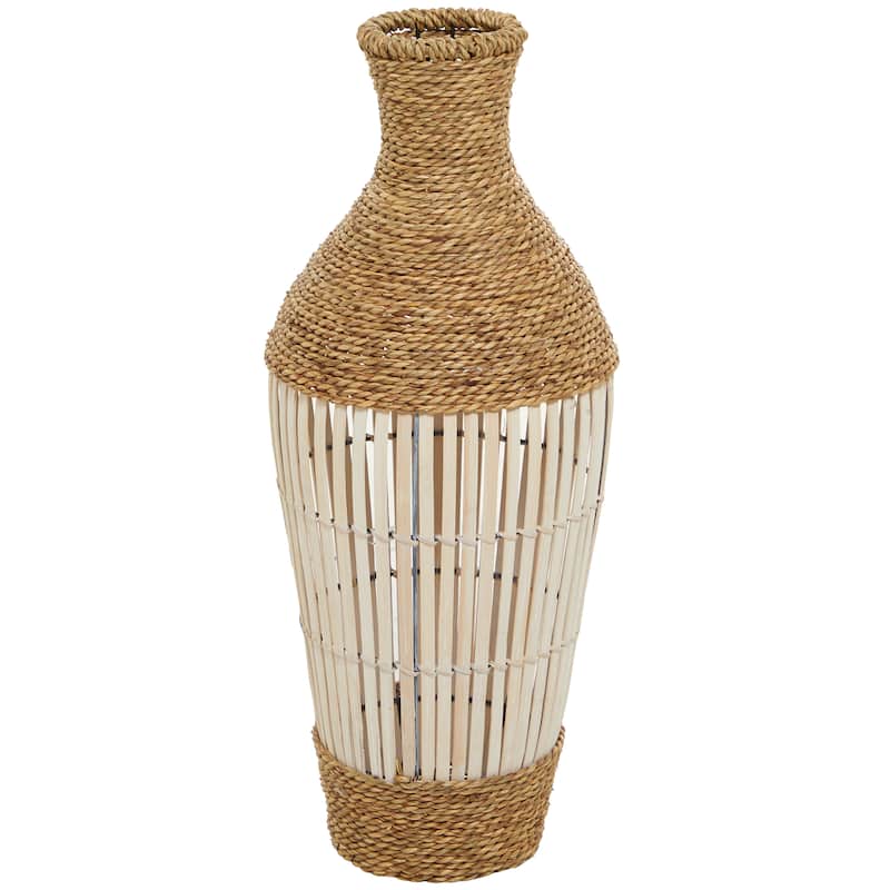 Seagrass Handmade Wrapped Tall Floor Vase with Cream Slatted or Mosaic Bamboo Center - Brown - Roche River Decor - 10"W, 25"H